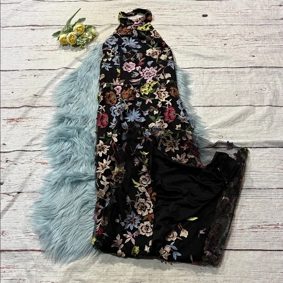 NWT Lulus Infinite Praise Black 3D Floral Embroidered Halter Maxi Dress